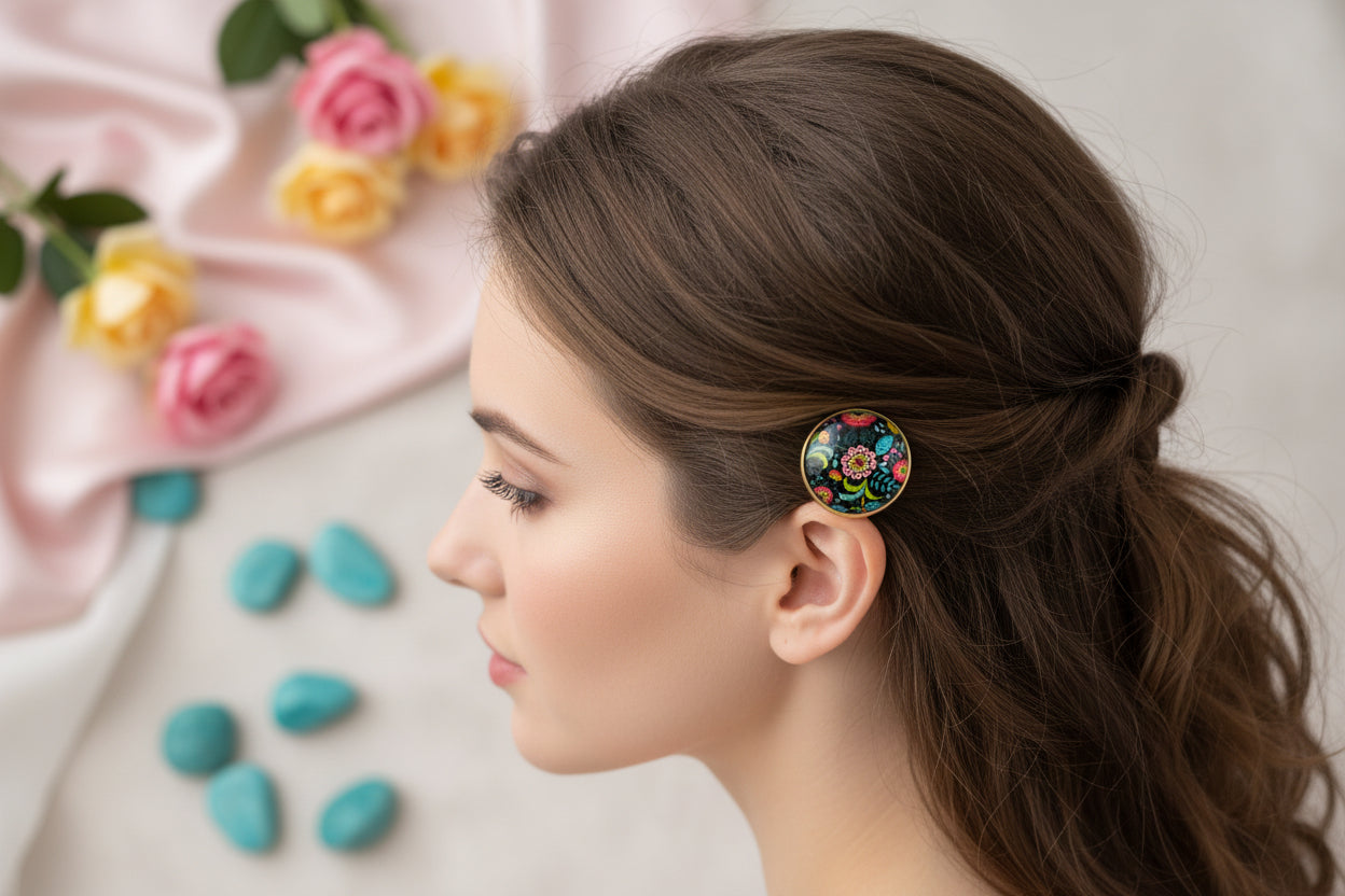 Cabochon Hairtie Traditional Flowers