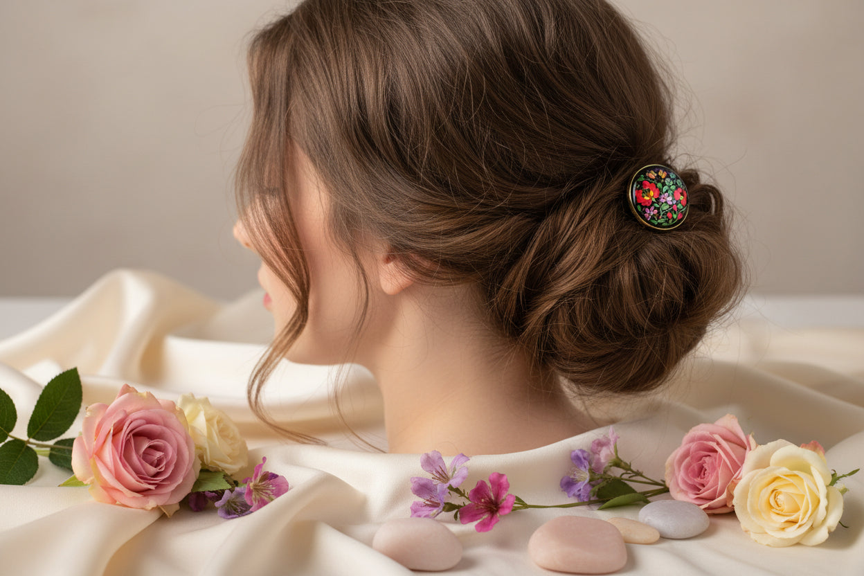 Cabochon Hairtie Traditional Red Flowers
