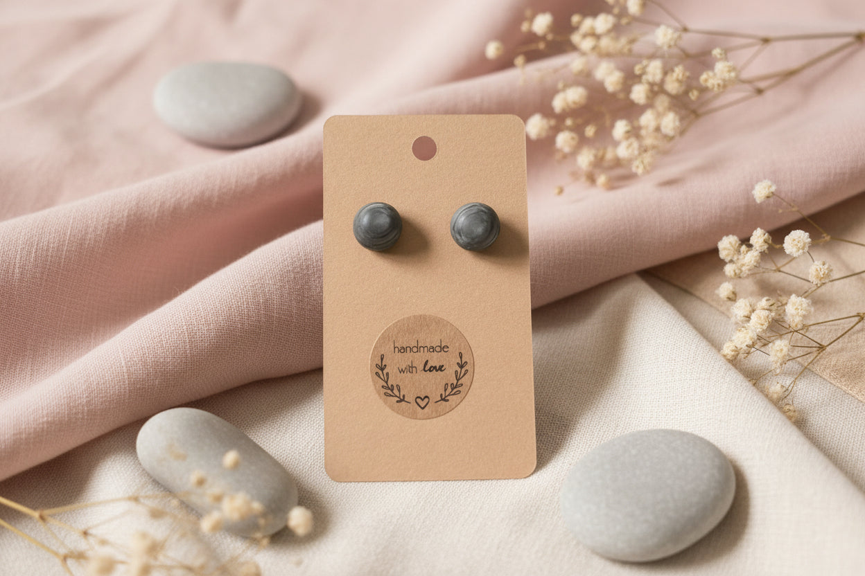 Button Earring Gray Domed Small