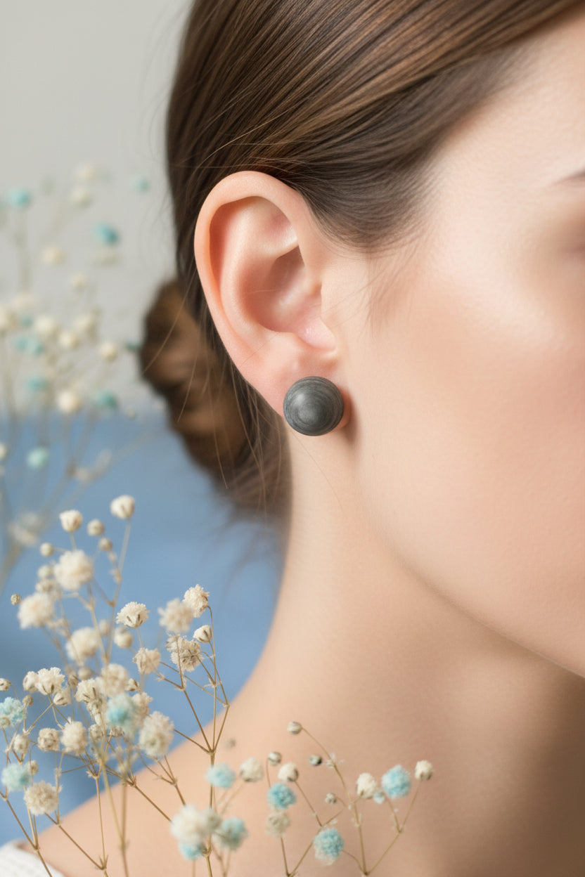 Button Earring Gray Domed Small
