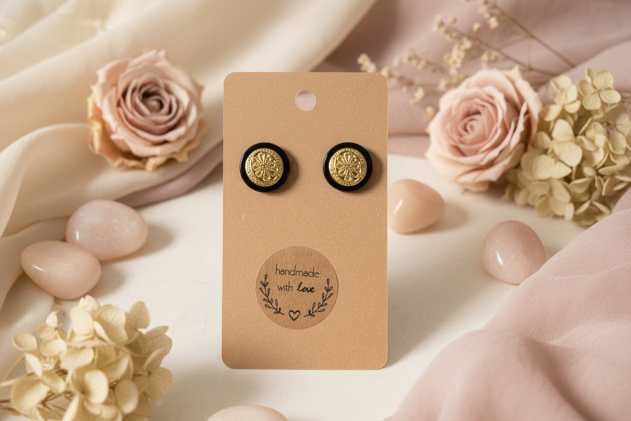Button Earring Black with Gold