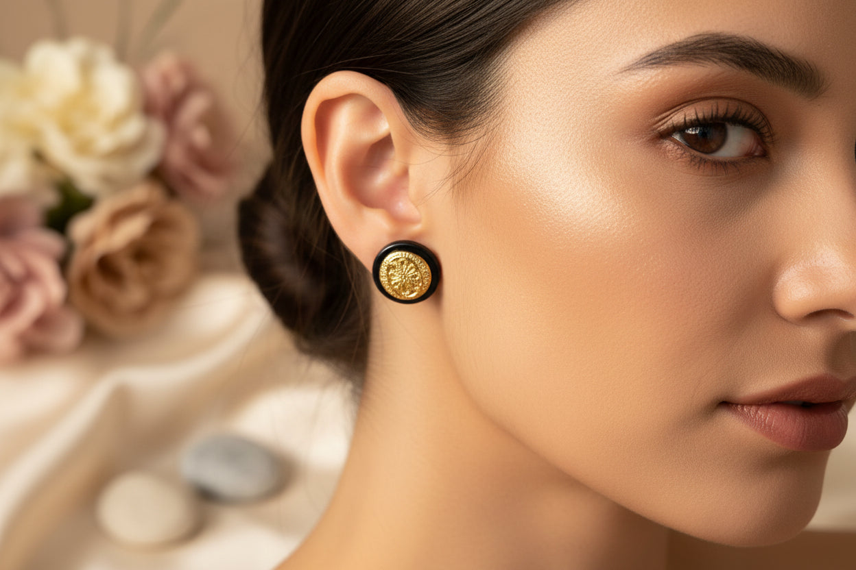 Button Earring Black with Gold