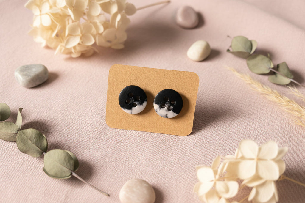 Button Earring Black and White Waves