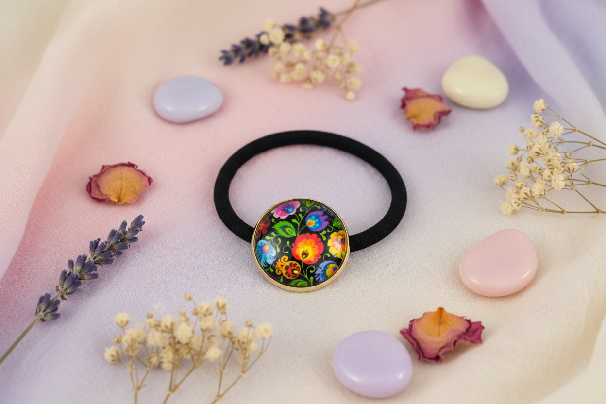 Cabochon Hairtie Traditional Flowers