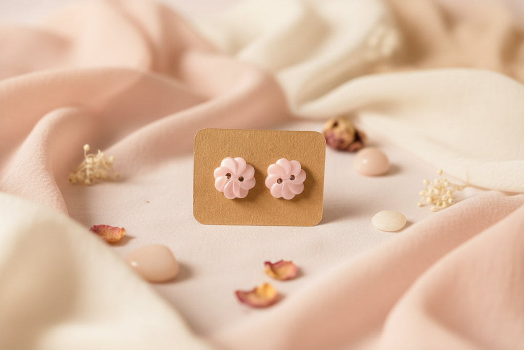 Button Earring Pink Flower