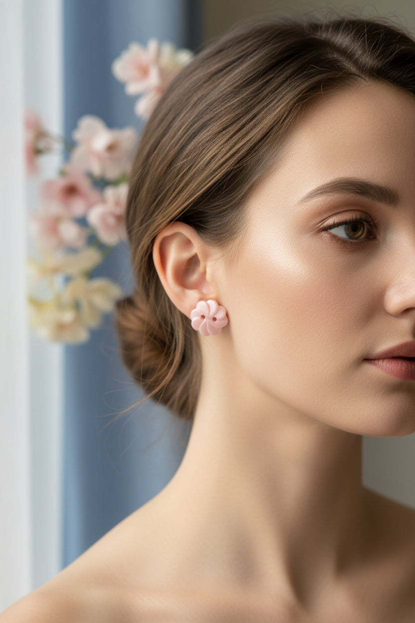 Button Earring Pink Flower