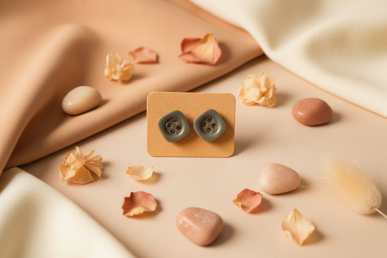 Button Earring Gray Square