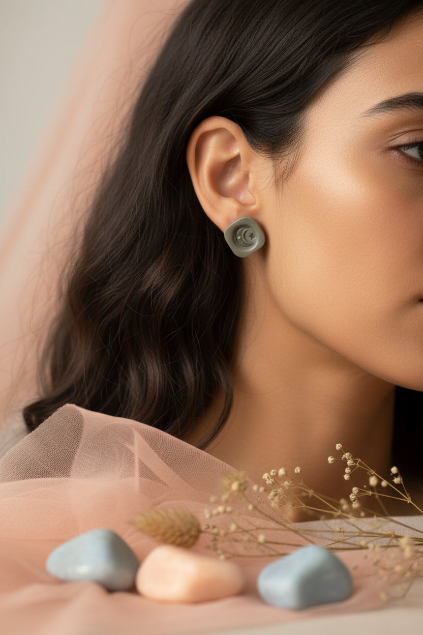 Button Earring Gray Square