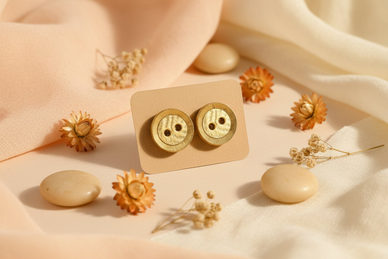 Button Earring Gold Shiny