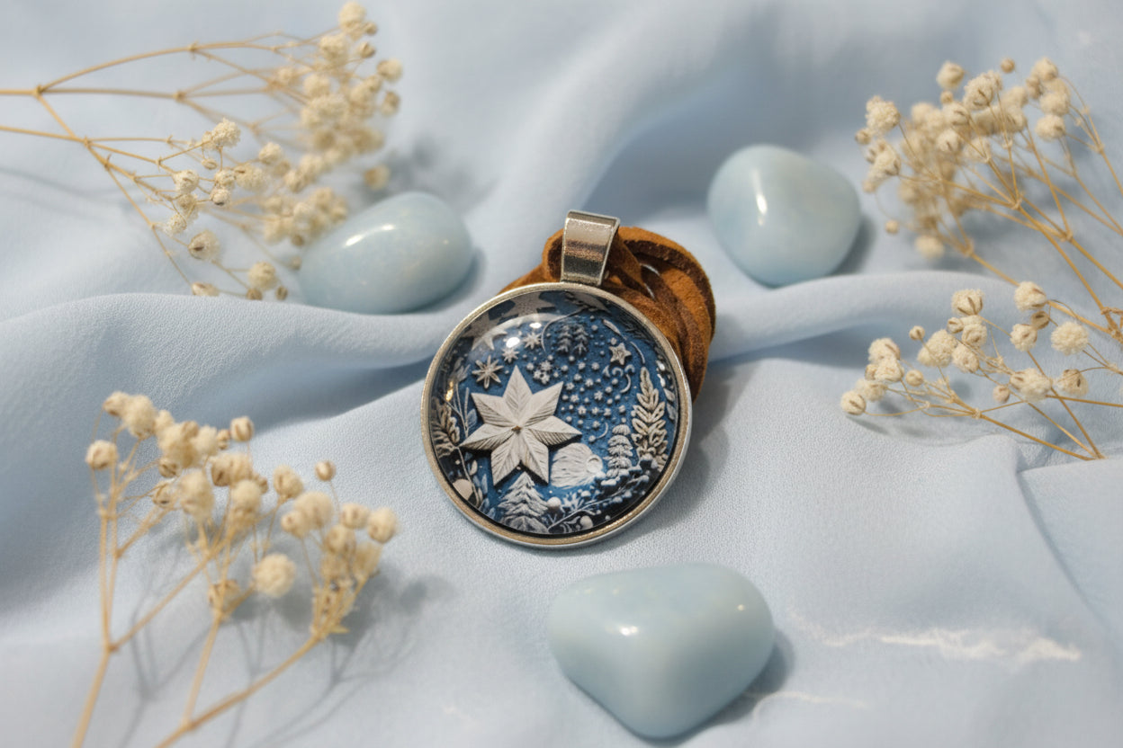 Cabochon Necklace Blue Christmas Star