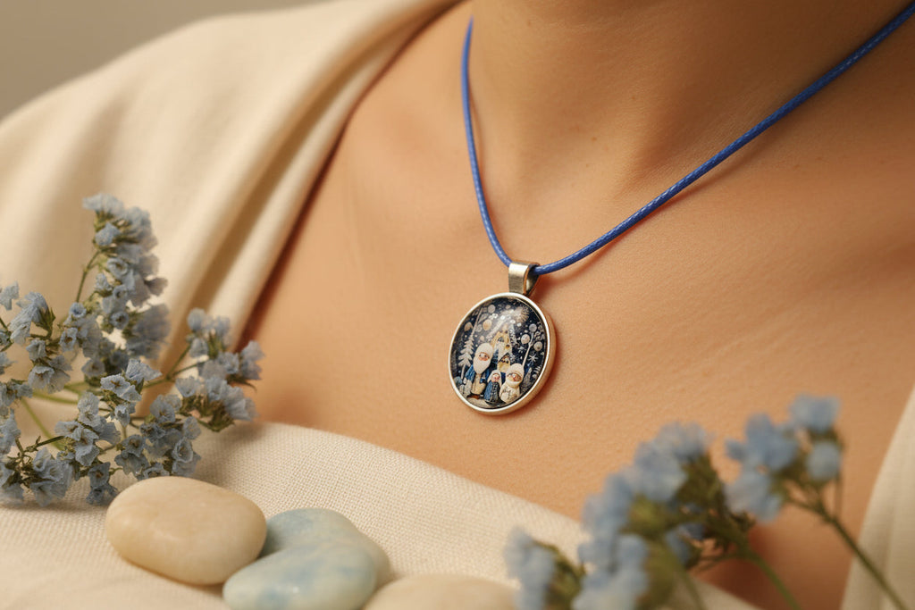 Cabochon Necklace Blue Christmas