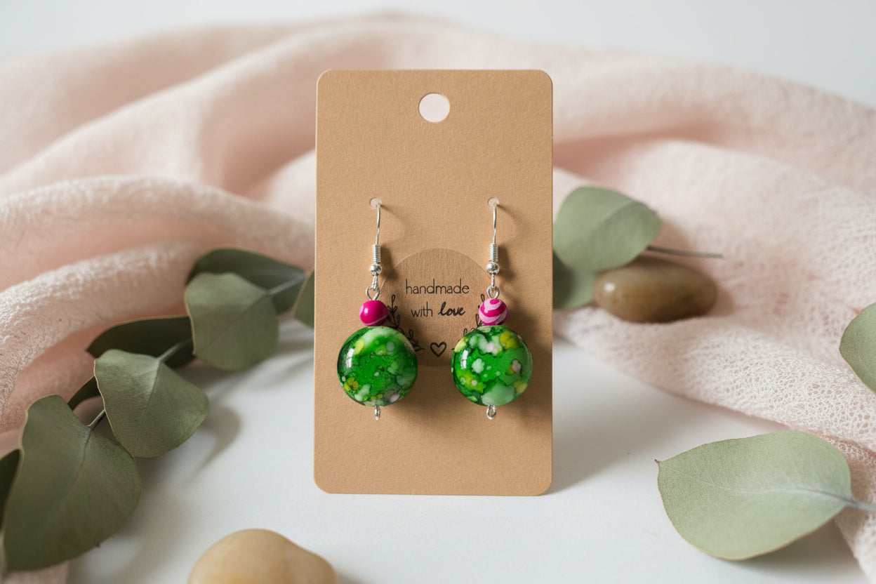 Bead Earring Green and Pink