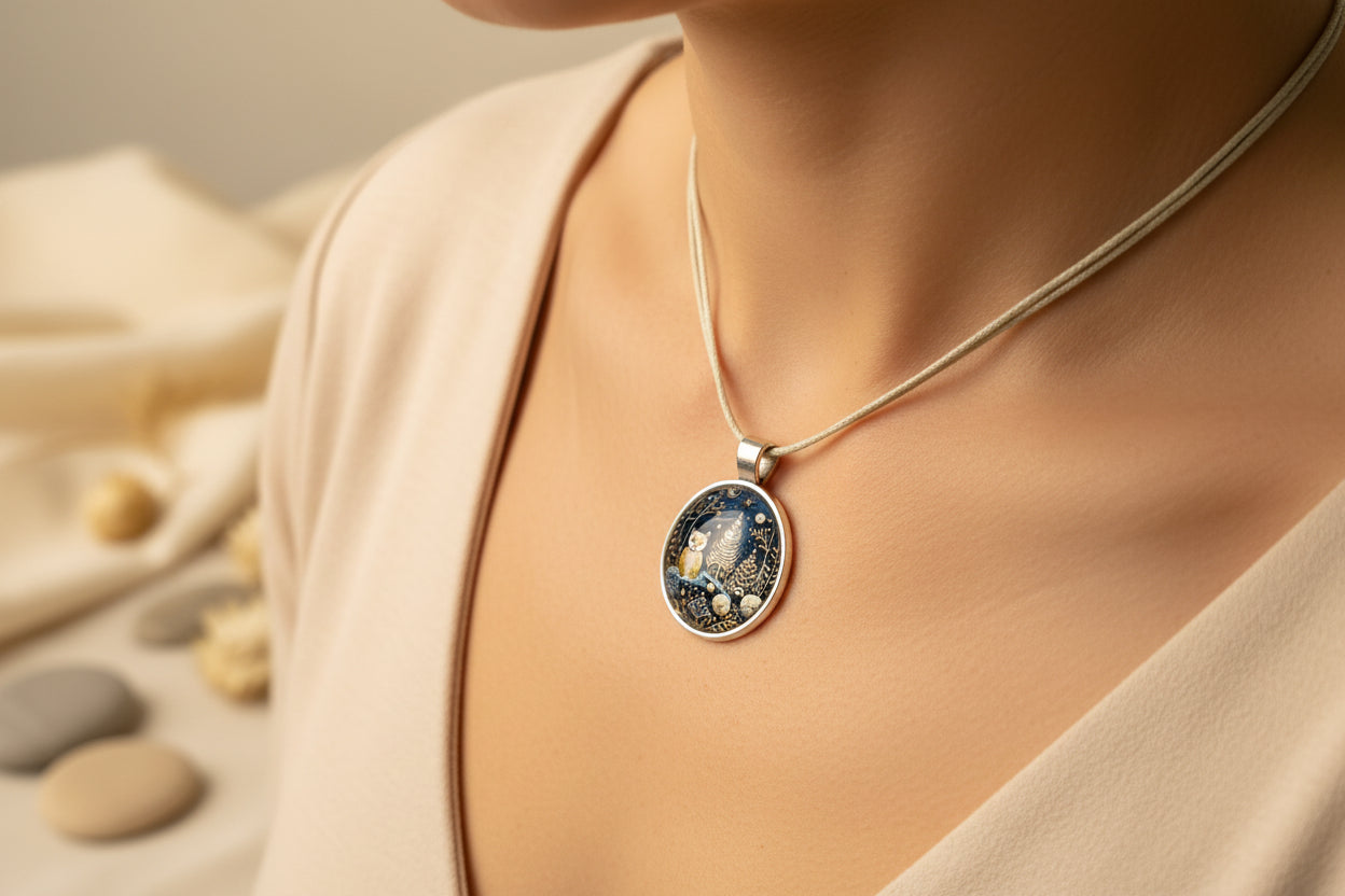 Cabochon Necklace Blue Christmas Owl