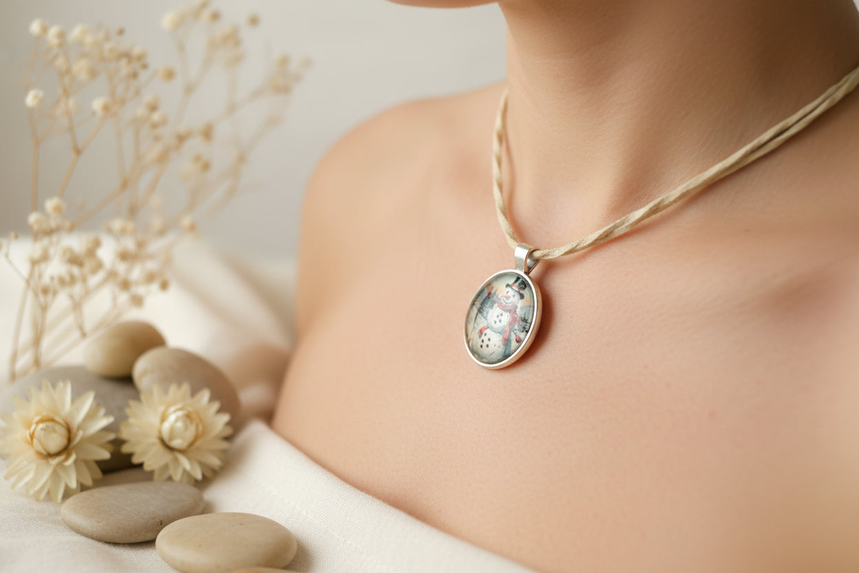 Cabochon Necklace with Snowman