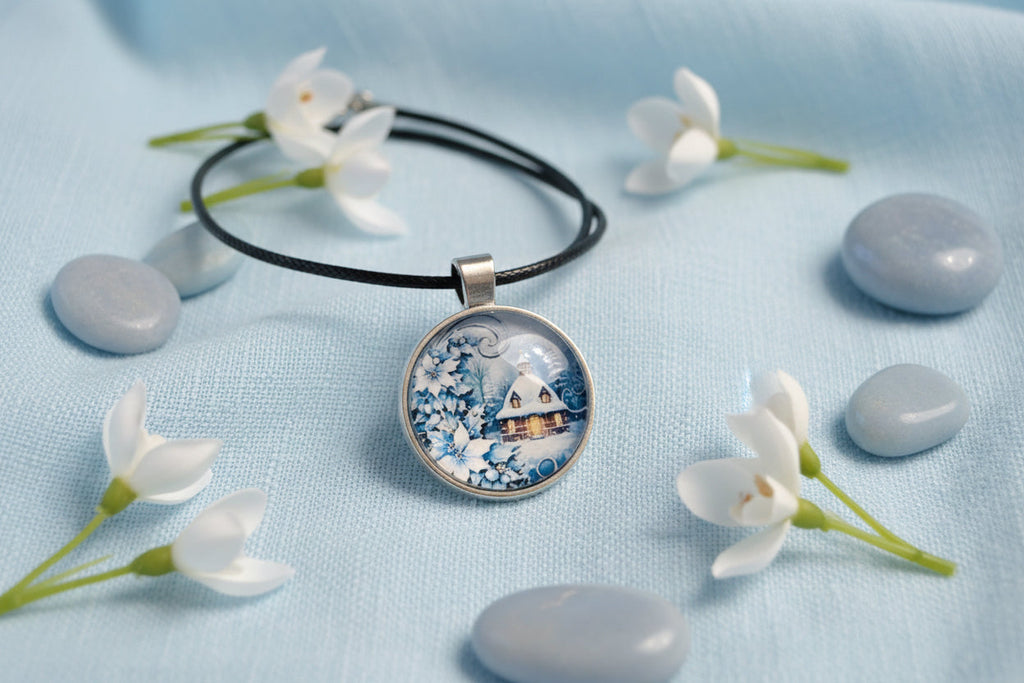 Cabochon Necklace Blue Christmas House
