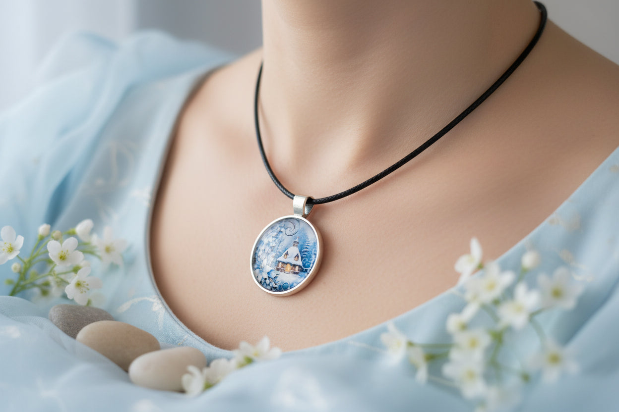 Cabochon Necklace Blue Christmas House