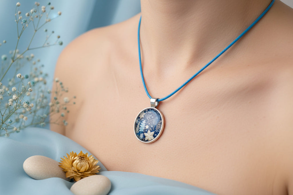 Cabochon Necklace Blue Christmas Star