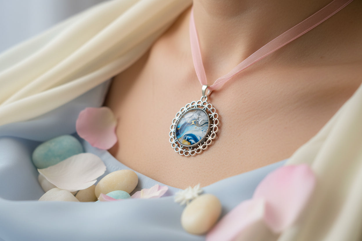 Cabochon Necklace White and Blue