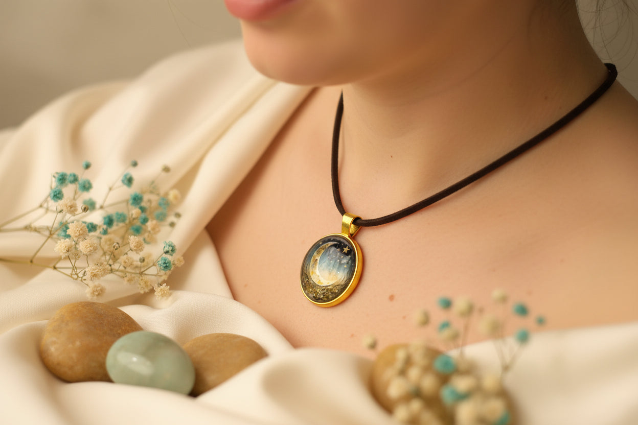 Cabochon Necklace Crescent Moon