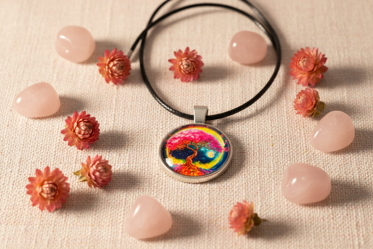 Cabochon Necklace Pink Tree of Life