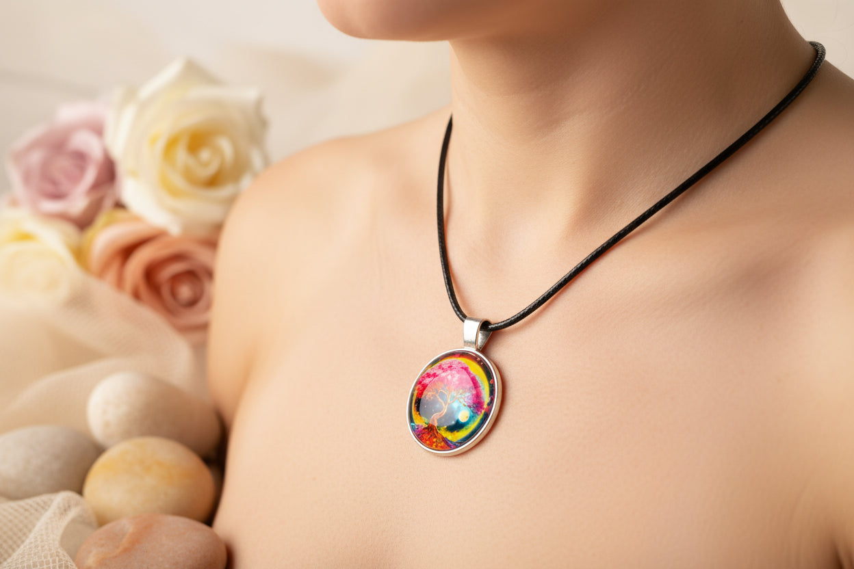 Cabochon Necklace Pink Tree of Life