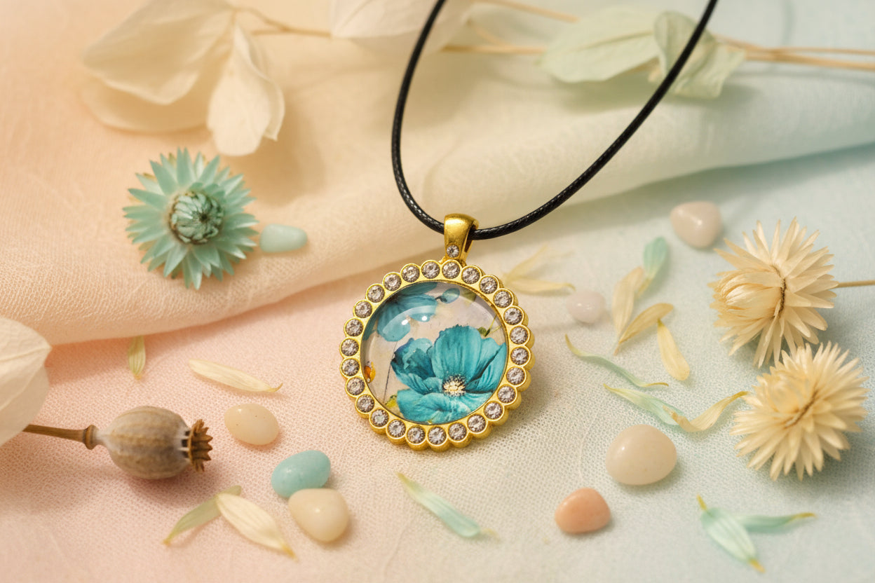 Cabochon Necklace Blue Flowers