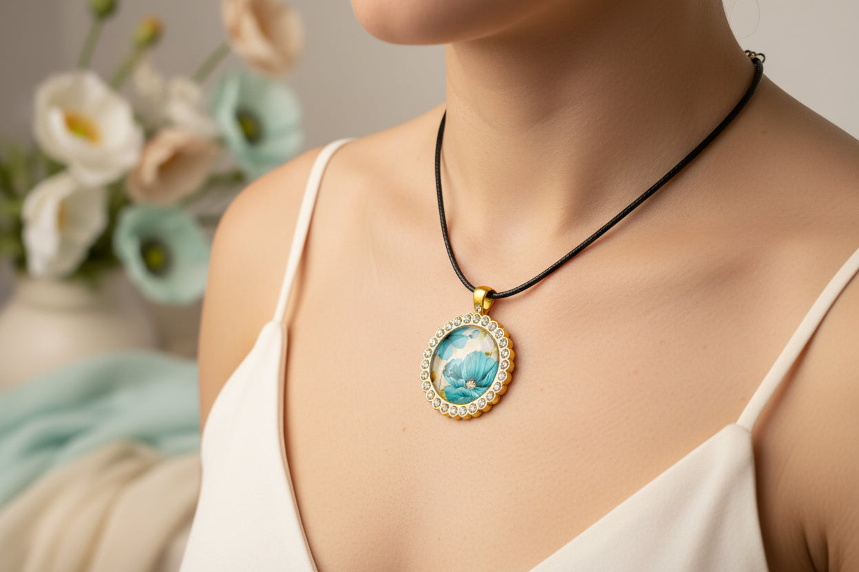 Cabochon Necklace Blue Flowers