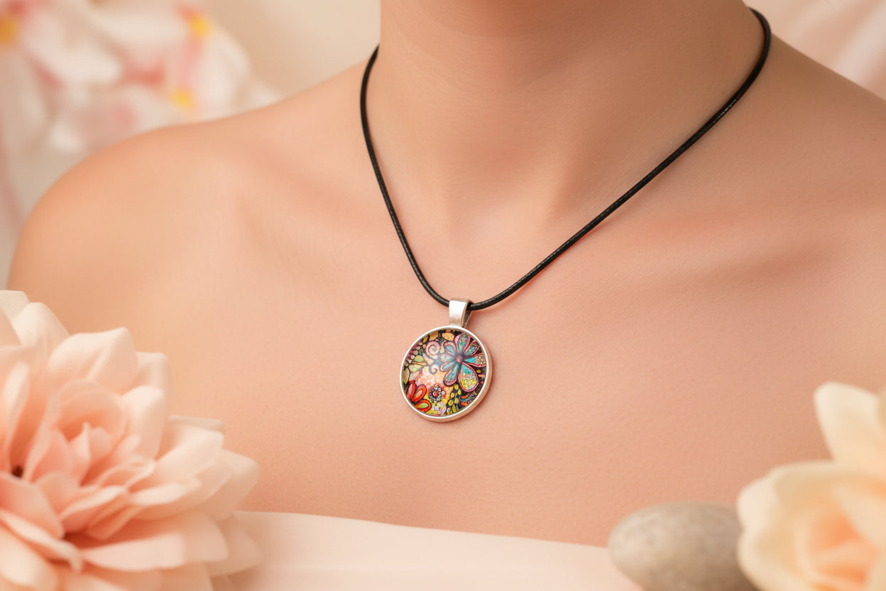Cabochon Necklace  Flowers