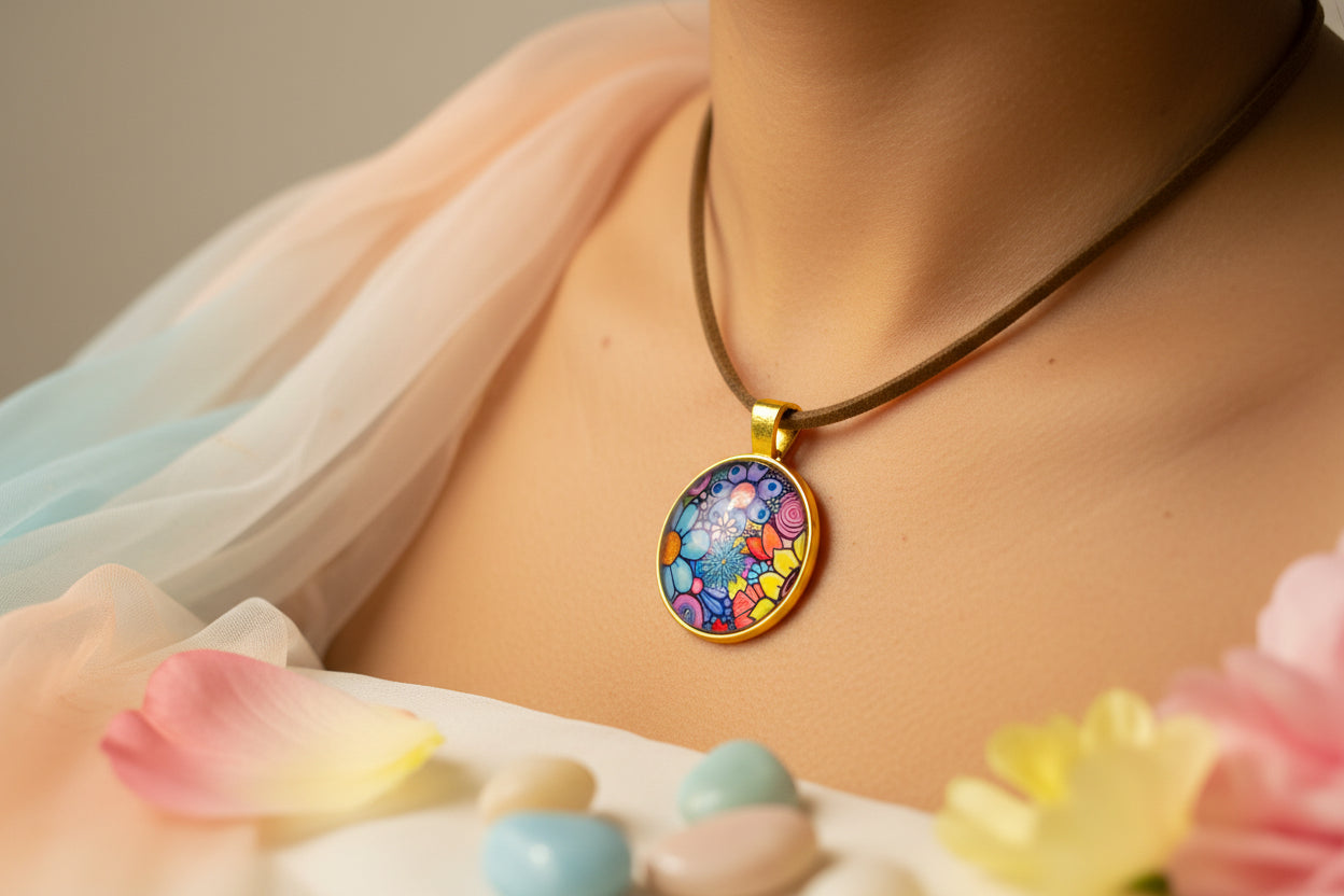 Cabochon Necklace Vivid Flowers