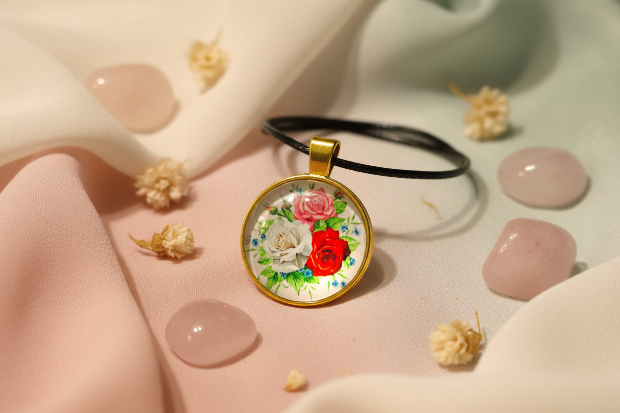 Cabochon Necklace Colorful  Roses