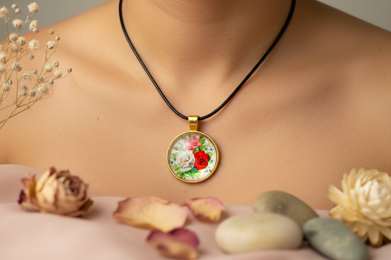 Cabochon Necklace Colorful  Roses