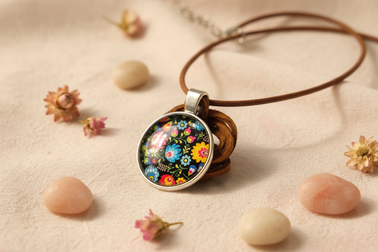 Cabochon Necklace Traditional Flowers