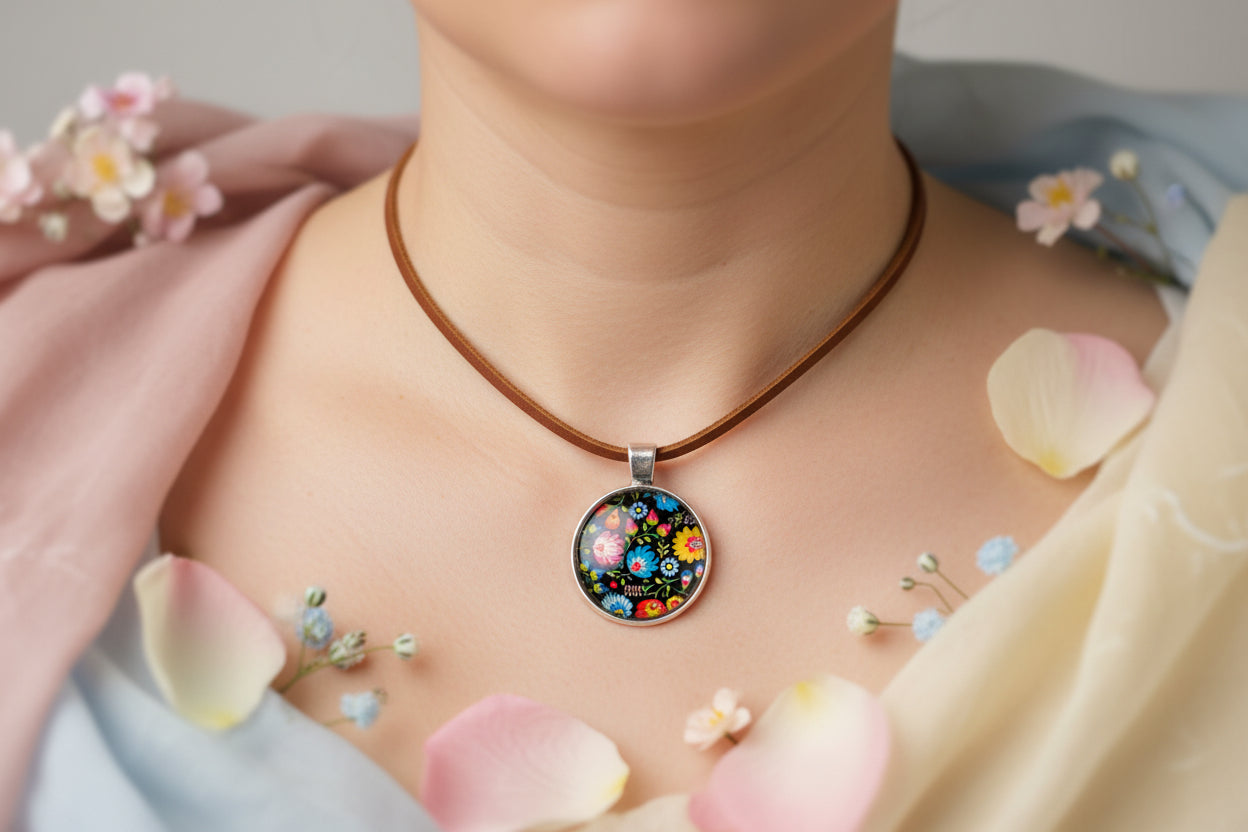 Cabochon Necklace Traditional Flowers