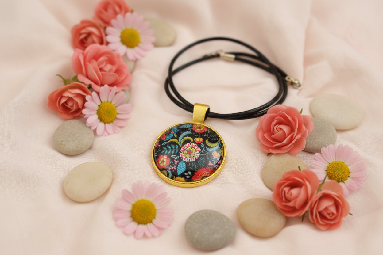 Cabochon Necklace Traditional Flowers