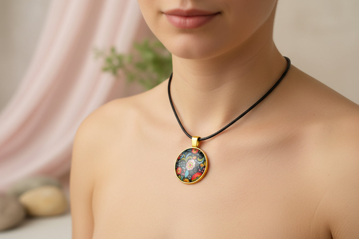 Cabochon Necklace Traditional Flowers