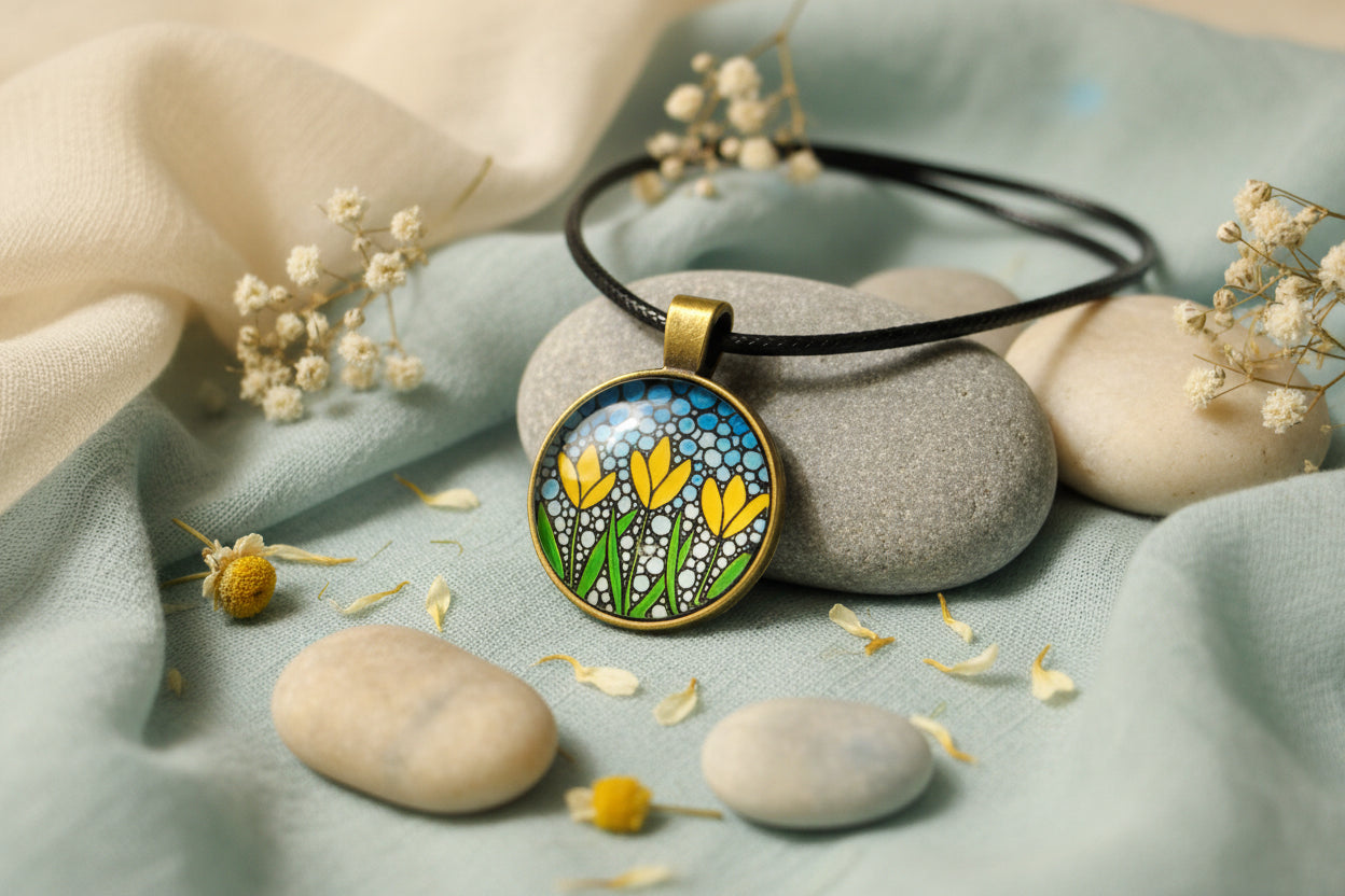 Cabochon Necklace Yellow Flowers