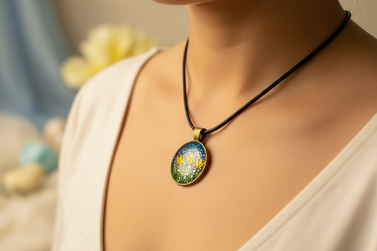 Cabochon Necklace Yellow Flowers