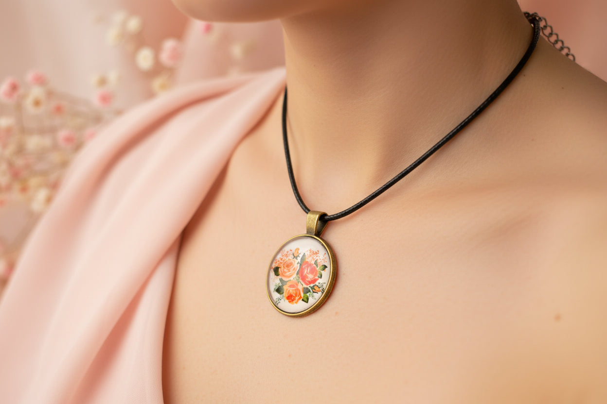 Cabochon Necklace Red  Roses