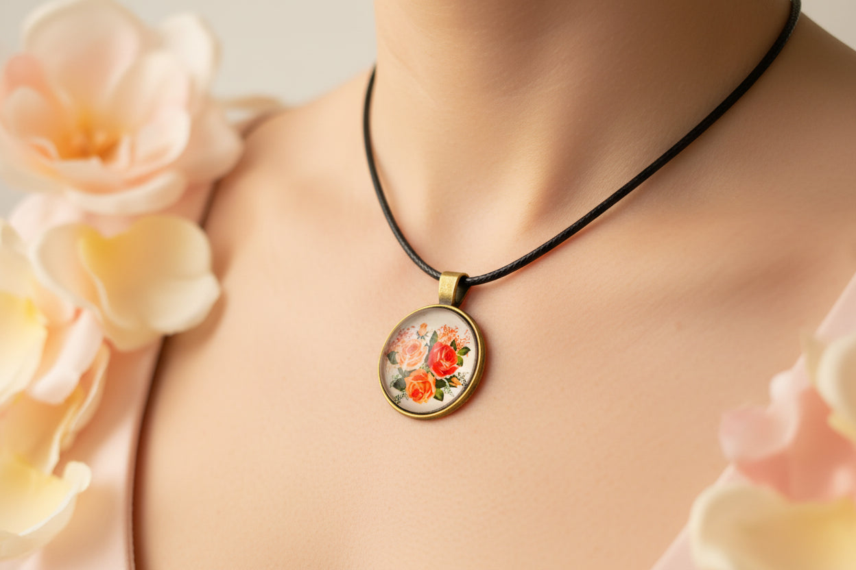 Cabochon Necklace Red  Roses