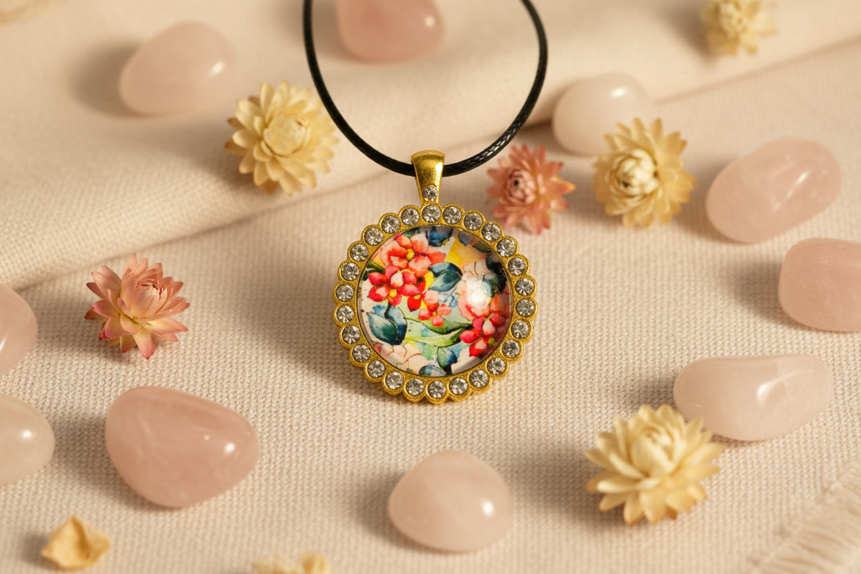 Cabochon Necklace Colorful Flowers
