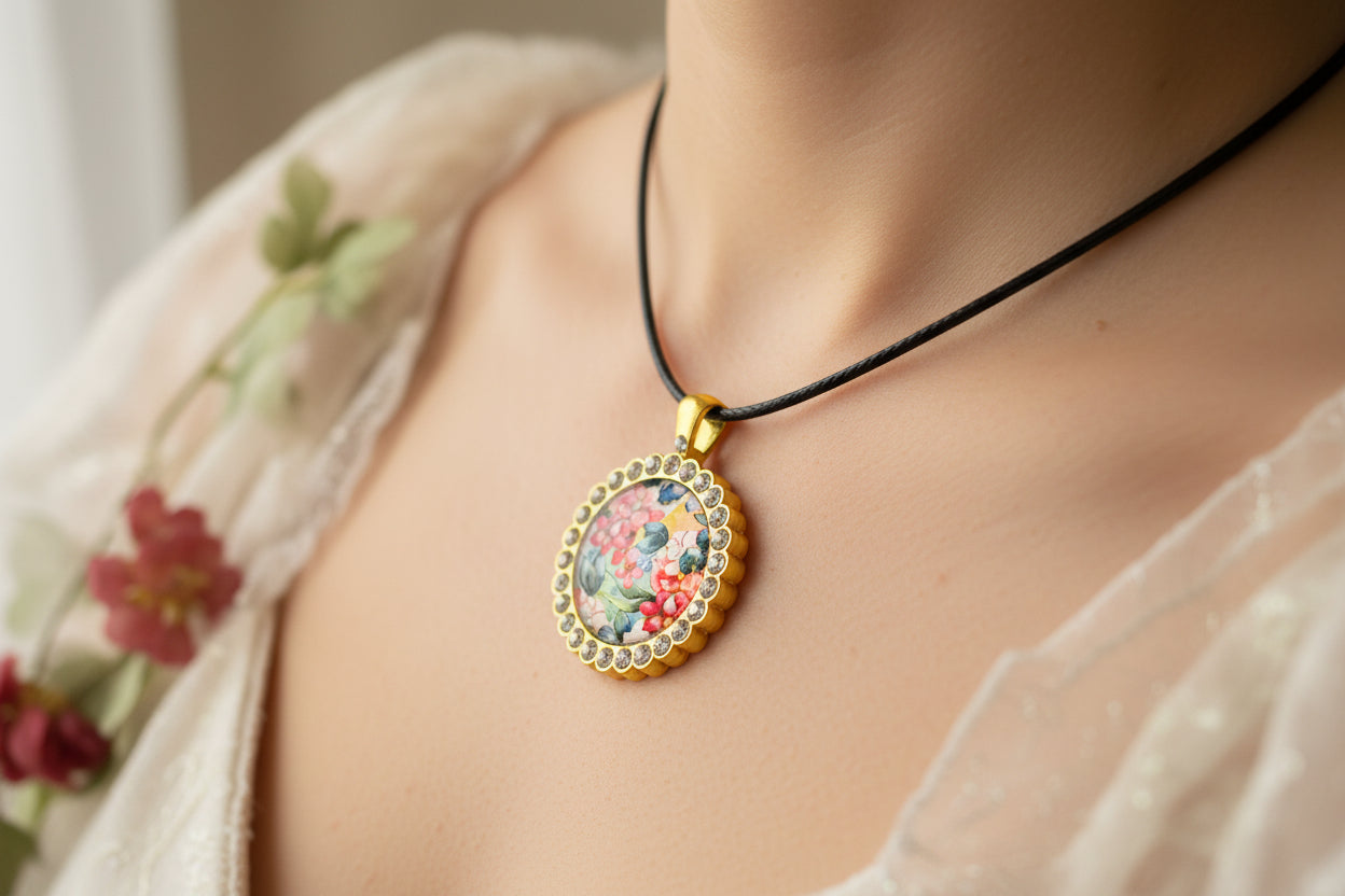 Cabochon Necklace Colorful Flowers