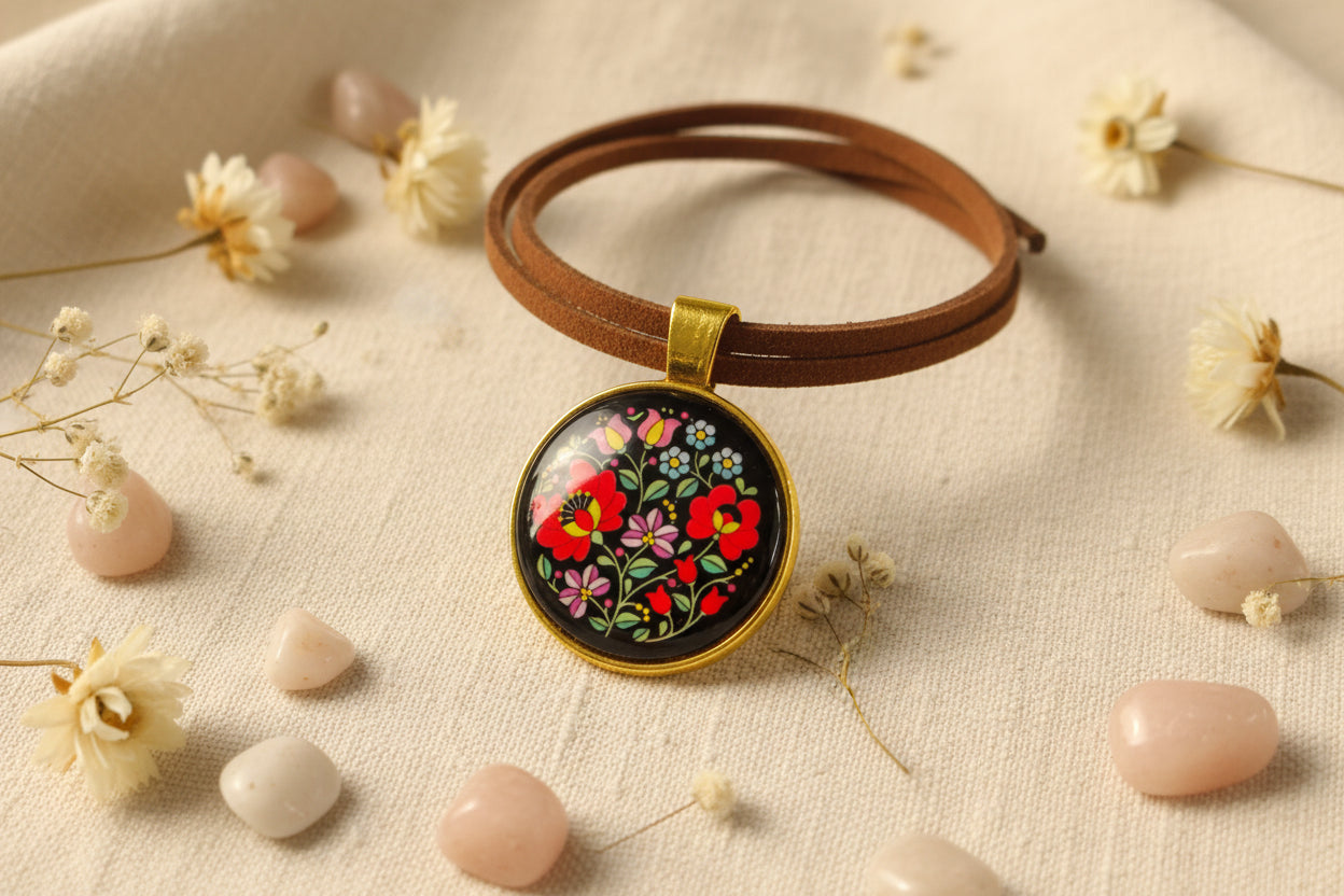 Cabochon Necklace Traditional Flowers