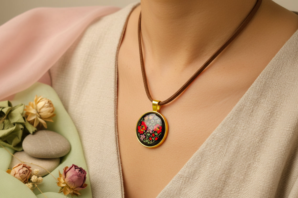 Cabochon Necklace Traditional Flowers