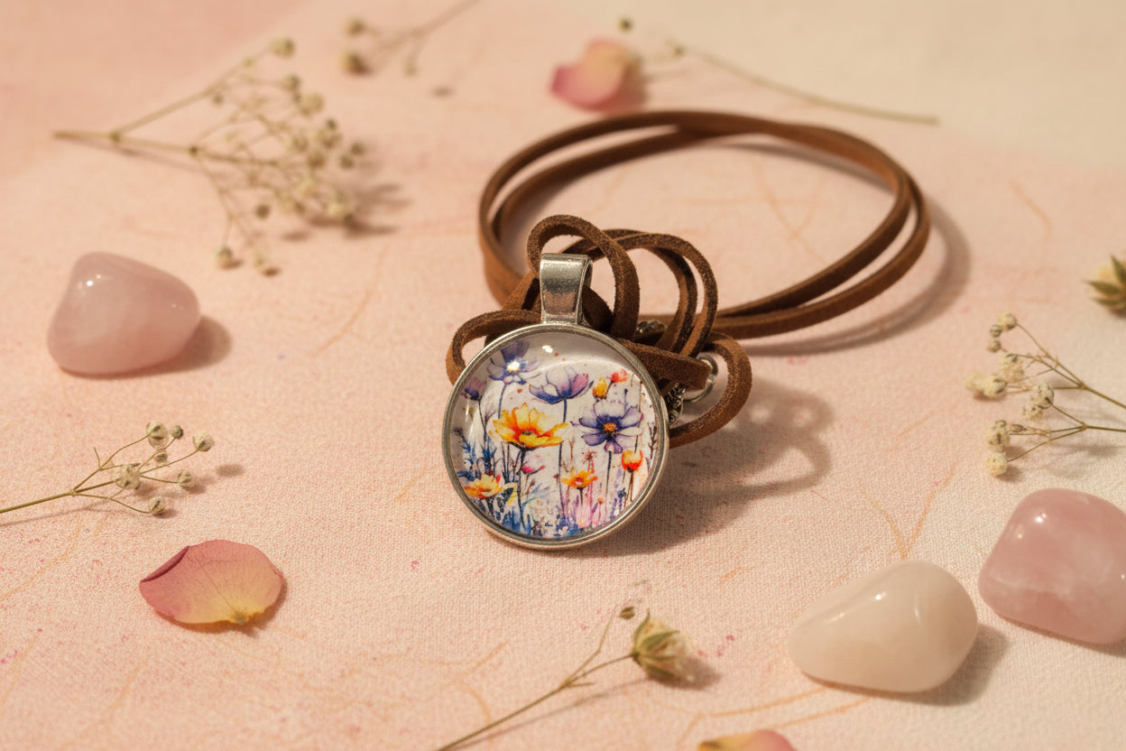 Cabochon Necklace Yellow Flowers