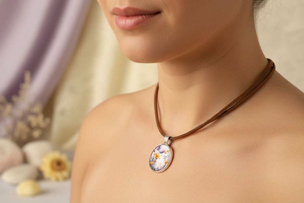 Cabochon Necklace Yellow Flowers