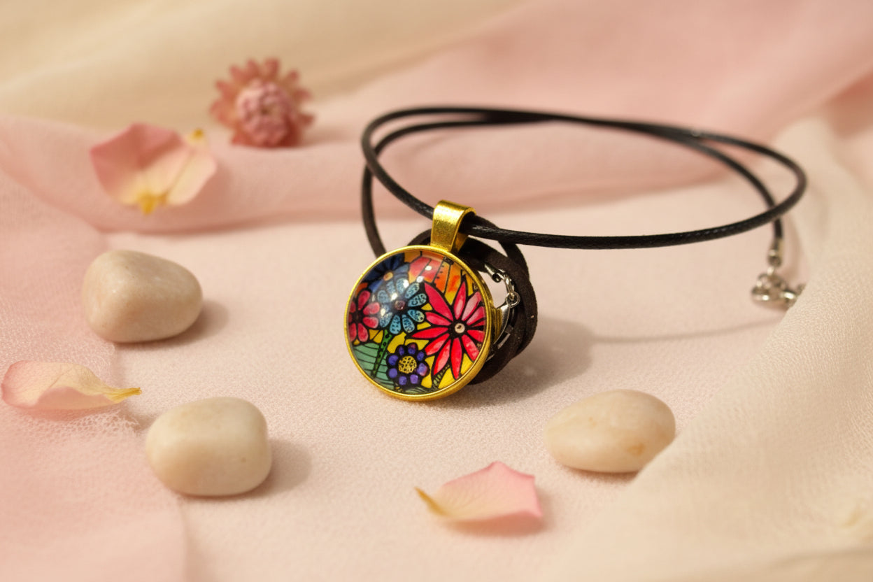 Cabochon Necklace Big Flowers