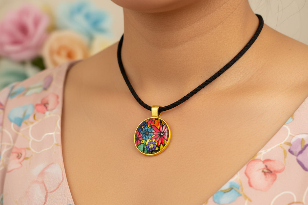 Cabochon Necklace Big Flowers