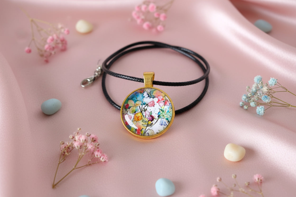 Cabochon Necklace Colorful Flowers