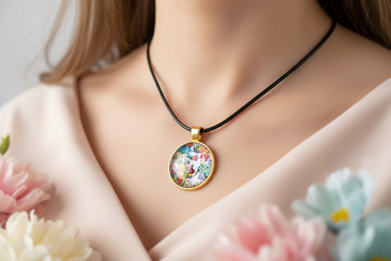 Cabochon Necklace Colorful Flowers