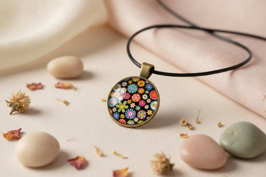 Cabochon Necklace Traditional Flowers